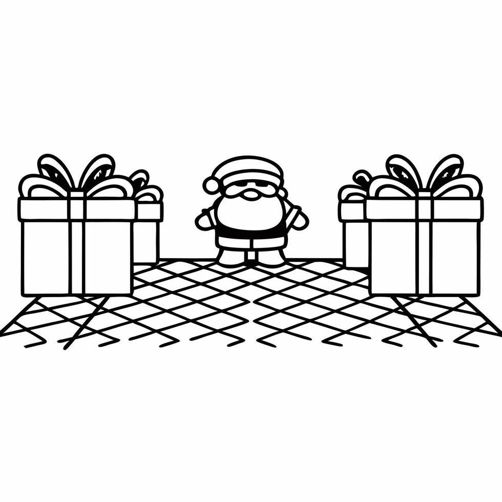Flat Santa with Gifts Under a Blanket of Snow concept as Show Santa kneeling beside beautifully wrapped gifts on a plain snow covered ground The camera zooms in on the gifts and t Square Square vector