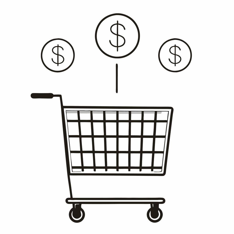 Flat Shopping cart with holographic revenue icons concept as A shopping cart sits on a glossy white surface with two floating holographic icons a dollar sign and a percentage symbo Square Square vector