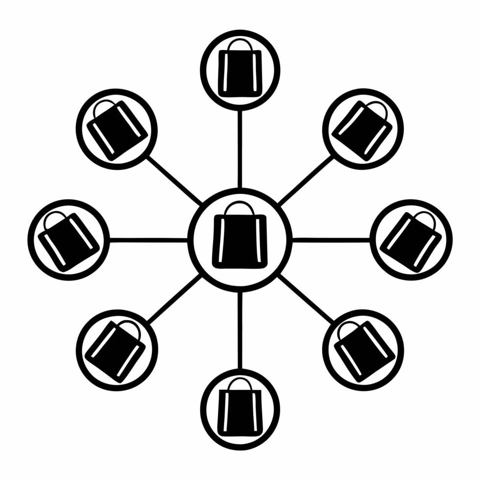 Flat Shopping Icons Orbiting concept as Various shopping icons cart bag tag are depicted orbiting around an invisible center against a white background The camera capture Square Square vector
