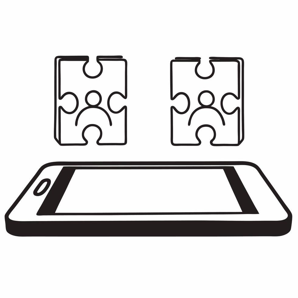 Flat Smartphone with Holographic Puzzle and Community Icons concept as A smartphone on a glossy white table displays two holographic icons above interlocking puzzle pieces symboliz Square Square vector
