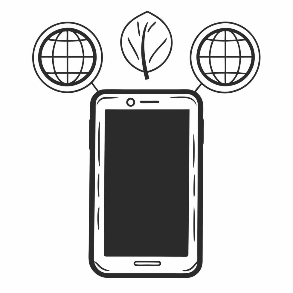 Flat Smartphone with Holographic Network and Leaf concept as A smartphone stands upright on a glossy white surface with two holographic icons hovering above a network symbol and a Square Square vector