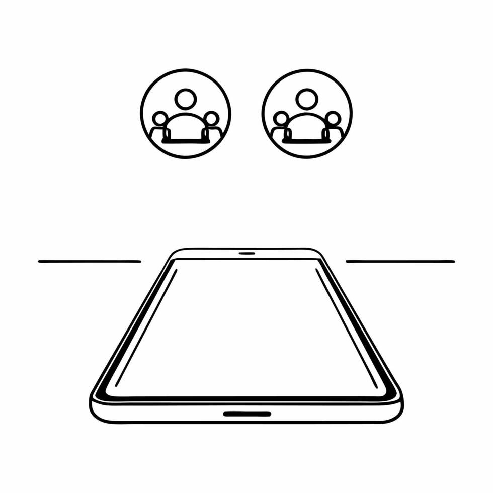 Flat Smartphone with Holographic Scale and Community concept as A smartphone stands upright on a glossy white surface with two holographic icons hovering above a balanced scale sym Square Square vector
