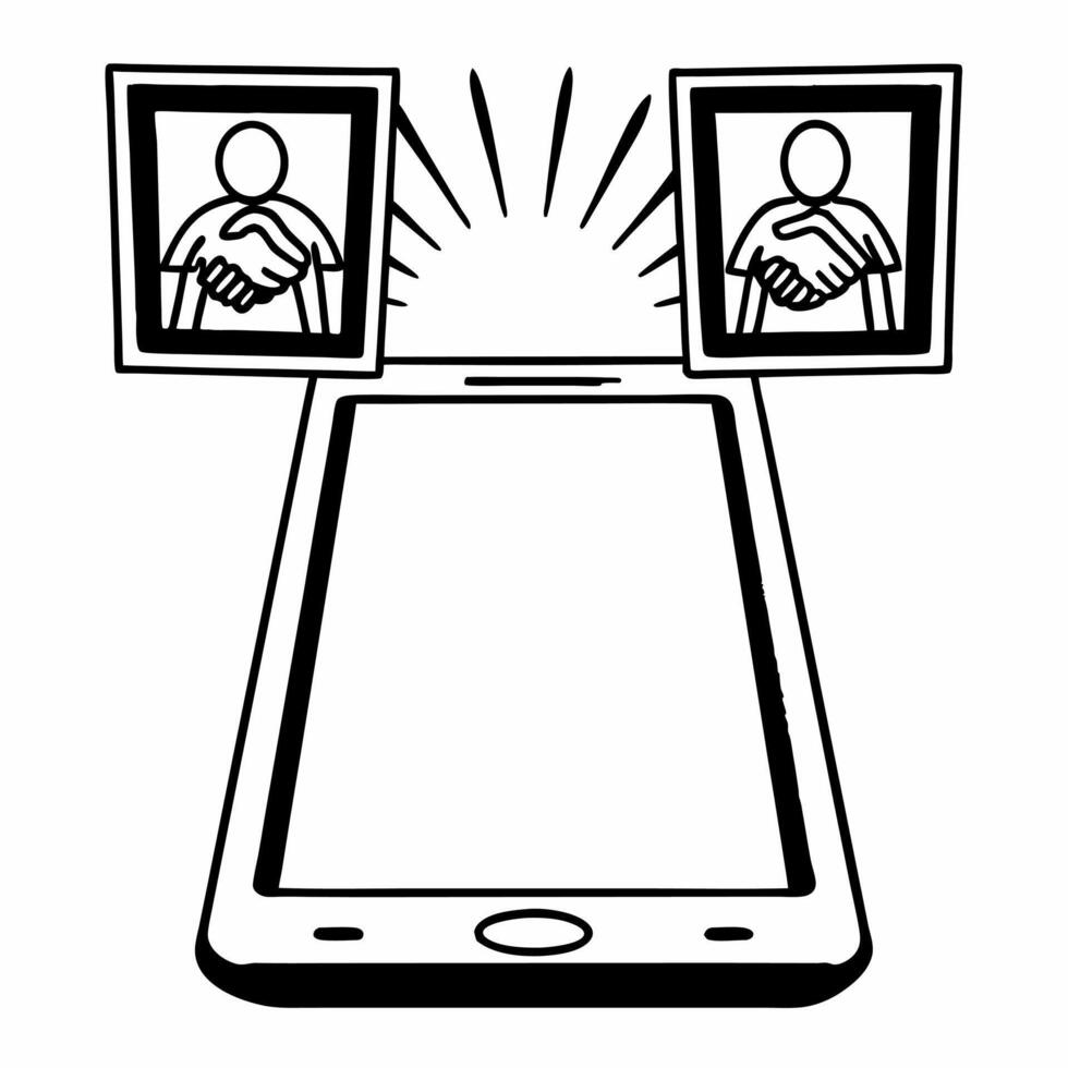 Flat Smartphone with Holographic Handshake and Community Figures concept as A smartphone stands upright on a glossy white surface with two holographic icons hovering above a handsh Square Square vector