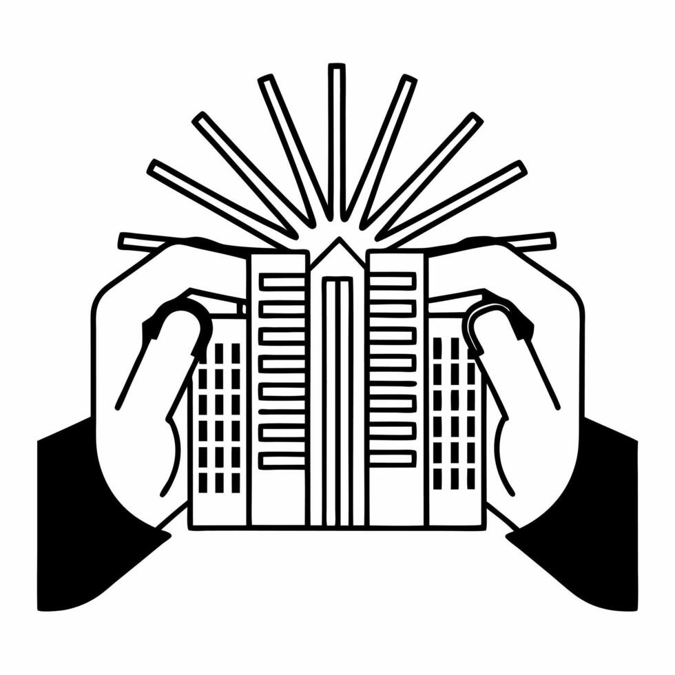 Flat Soft focus hands molding sustainable city concept as Extreme close up of hands molding a glowing miniature sustainable city Camera slowly pulls back to reveal business attire Square Square vector