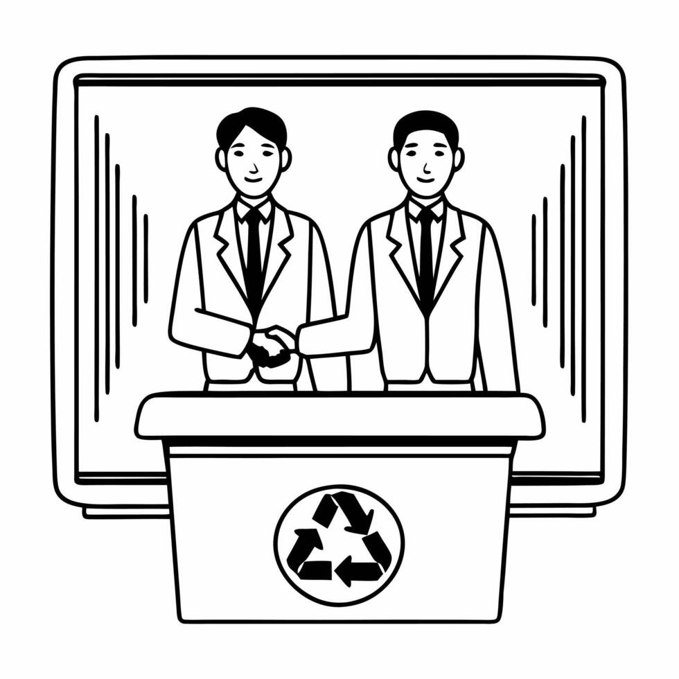 Flat Spontaneous handshake over recycling bin concept as Tracking shot of two business people from different companies spontaneously shaking hands over a recycling bin Camera pans Square Square vector