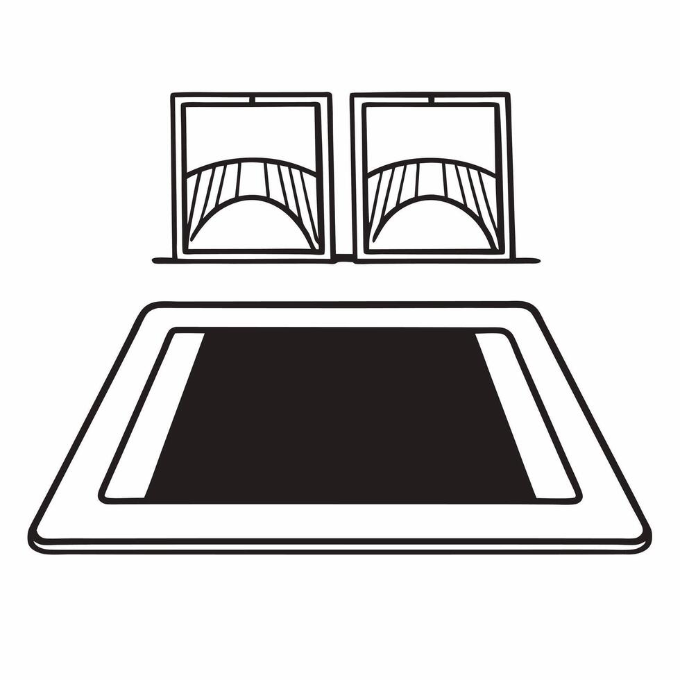 Flat Tablet with Holographic Bridge and Plant concept as A tablet rests on a glossy white table with two holographic icons floating above a bridge symbolizing compromise and a grow Square Square vector