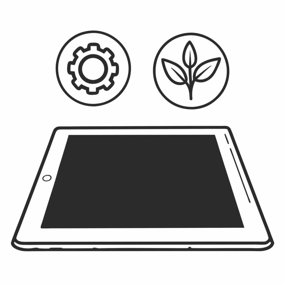 Flat Tablet with Holographic Gear and Plant concept as A tablet rests on a glossy white table with two holographic icons floating above a gear and a sprouting plant representing in Square Square vector