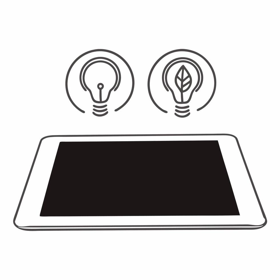 Flat Tablet with Holographic Lightbulb and Leaf concept as A modern tablet lies on a reflective white surface with two holographic icons floating above a glowing lightbulb and a gr Square Square vector