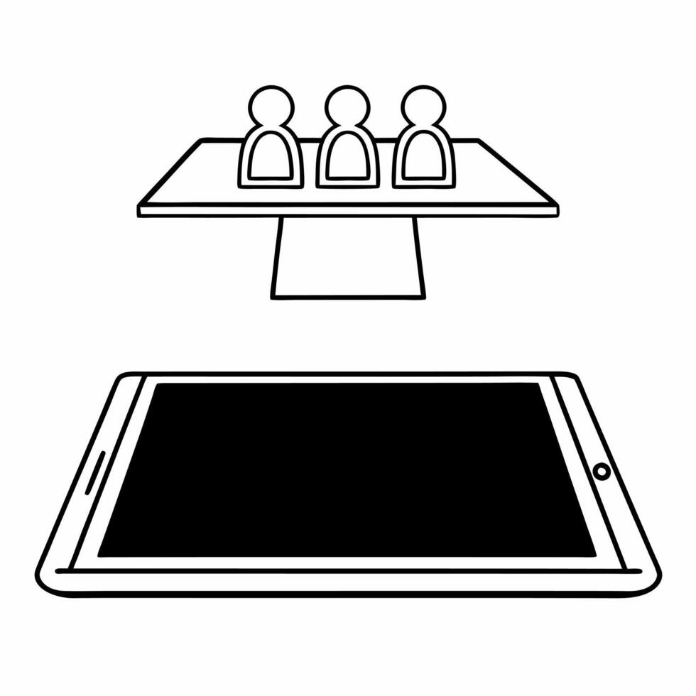 Flat Tablet with Holographic Scale and Community Figures concept as A tablet rests on a glossy white table with two holographic icons floating above a balanced scale symbolizing co Square Square vector