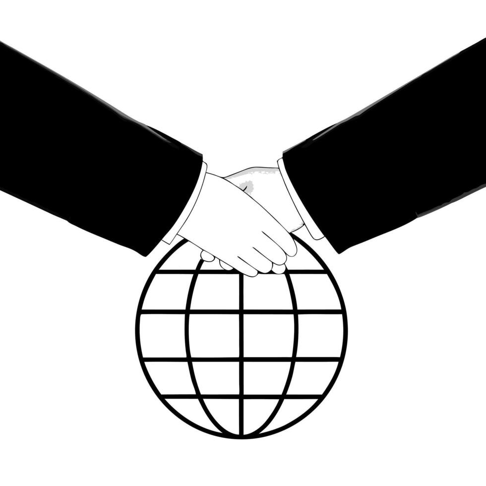 Floating Handshake Above Globe concept as Two hands shaking appear to float above a globe mid air against a pure white background The camera captures a close up from a low angle e Square Square vector