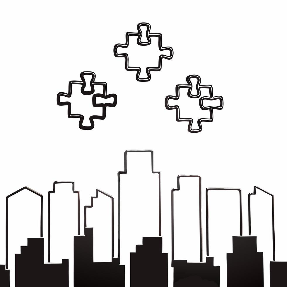Floating puzzle pieces forming sustainable city concept as Tracking shot of abstract glowing puzzle pieces assembling in mid air to create a futuristic sustainable cityscape Camer Square Square vector