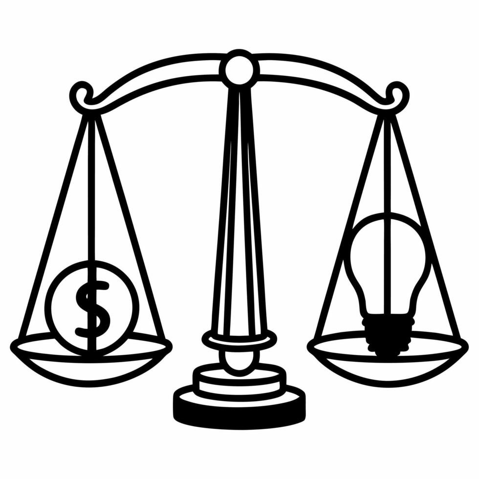 Flying golden scales balancing a dollar sign and a lightbulb isolated on white background concept as A illustration of golden scales in mid air balancing a dollar sign on on Square Square vector