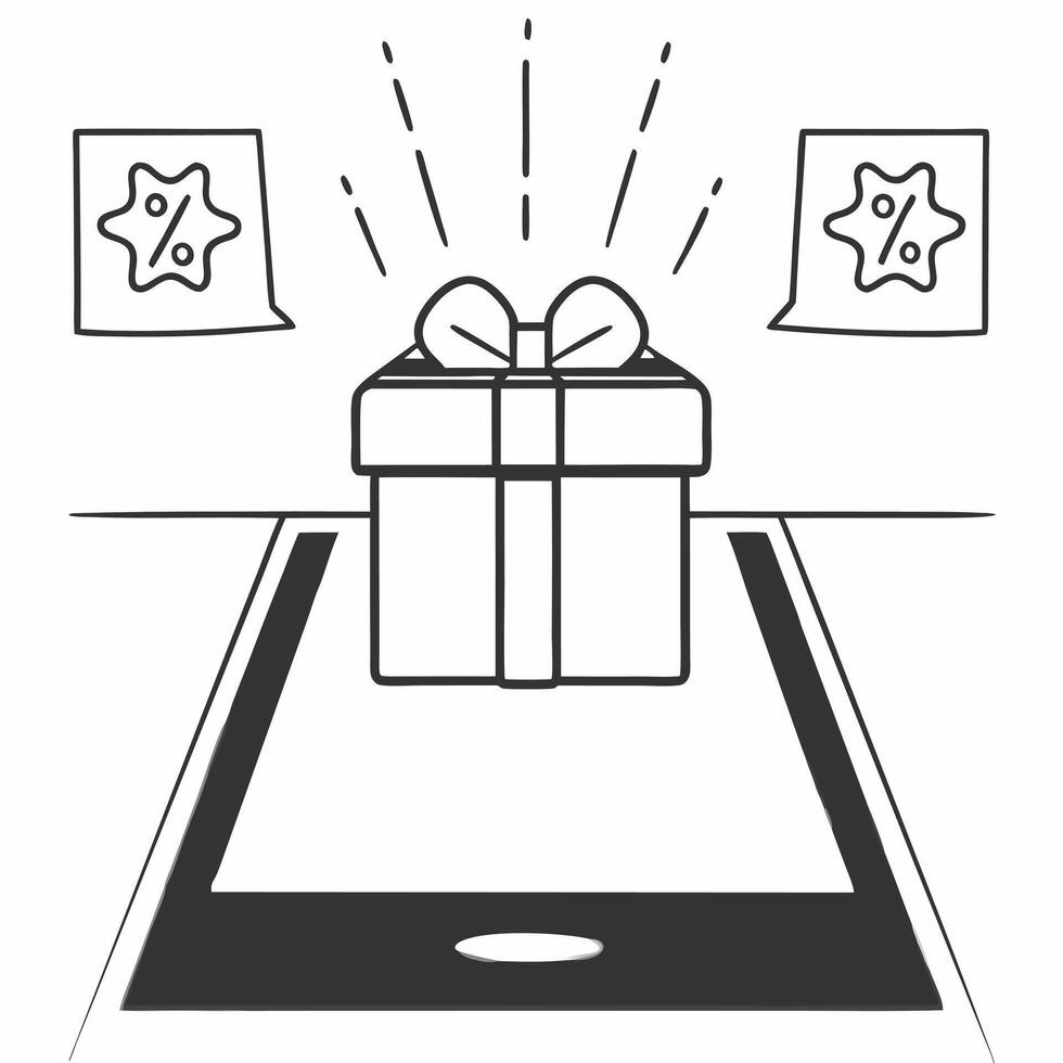 Gift box with holographic sale symbols concept as A gift box sits on a glossy white background with two holographic icons floating above a glowing sale tag and a percentage symbol Square Square vector