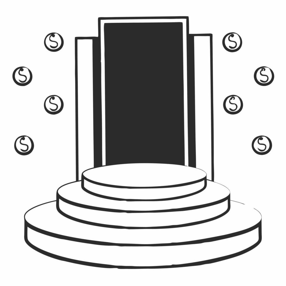 Glossy white podium with floating coins concept as Tracking shot circling a glossy white podium Golden coins float above representing revenue Camera pans to reveal ample copy spa Square Square vector
