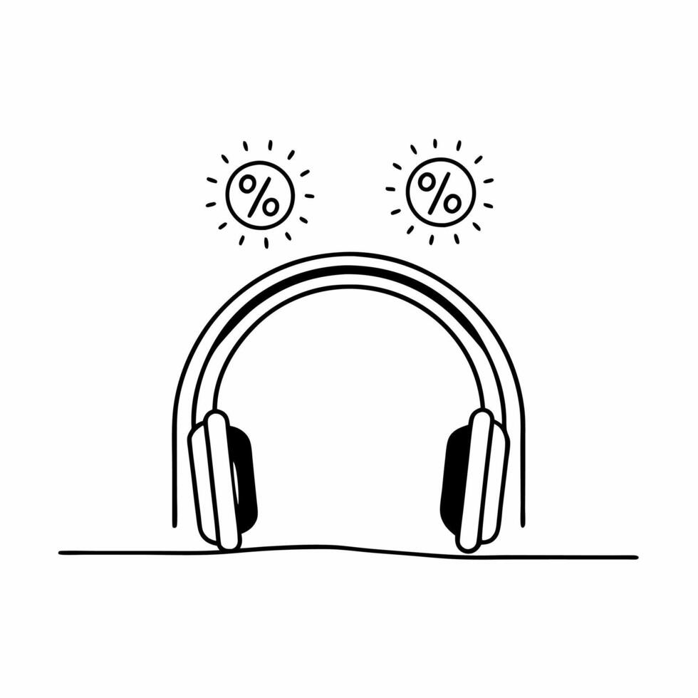 Headphones with holographic deal icons concept as Modern headphones rest on a glossy white surface with two holographic icons floating above a glowing percentage symbol and a sale Square Square vector