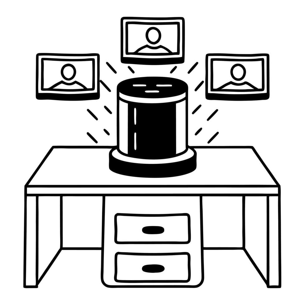 Holographic AI assistant with floating chat bubbles concept as Dolly shot moving towards a holographic AI assistant device on a white desk Holographic chat bubbles with various ic Square Square vector