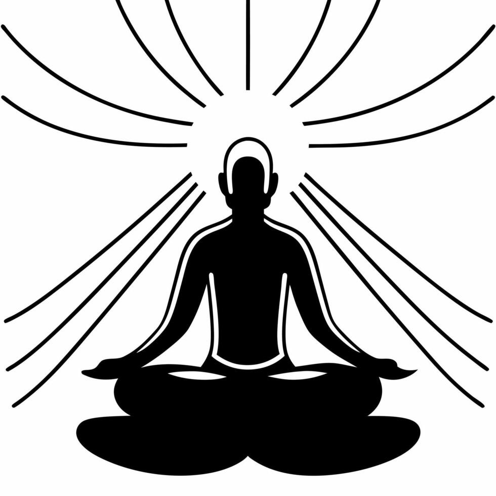 Holographic meditation figure in lotus pose concept as Wide shot of a holographic figure in lotus pose emanating waves of calm Camera slowly zooms out to reveal the figures impact Square Square vector