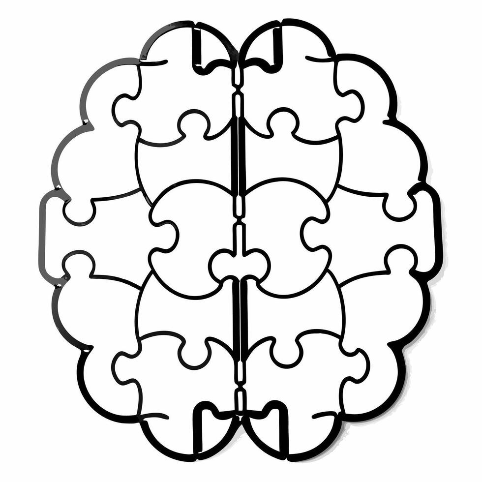 Holographic white puzzle pieces forming a complete brain concept as Wide shot of holographic white puzzle pieces assembling to form a brain Camera follows the pieces as they come Square Square vector