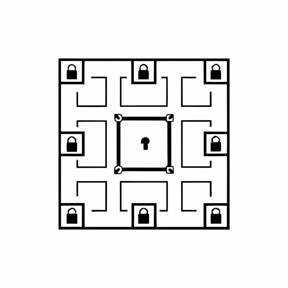 Integrity lock and key maze concept as Illustration of a maze formed by lock and key elements representing election security Camera navigates through the maze revealing various se Square Square vector
