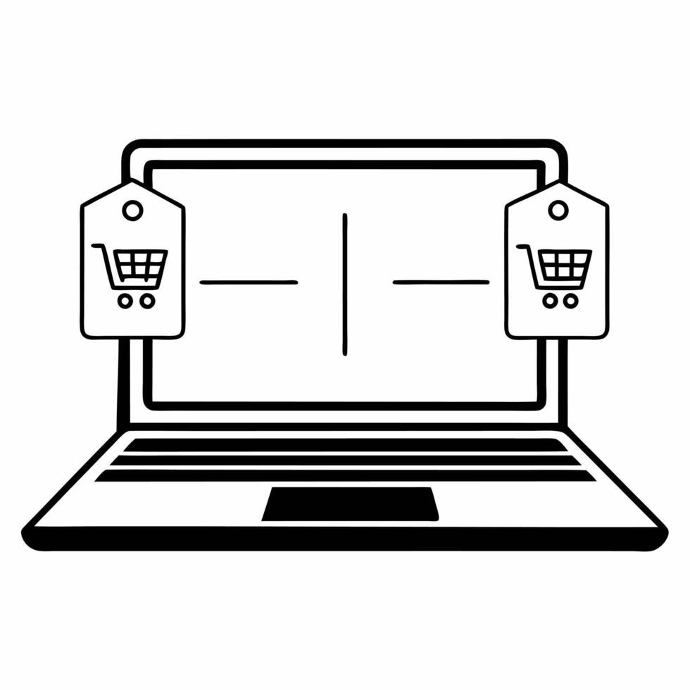 Laptop with holographic offer signs concept as A sleek modern laptop sits open on a white desk with two holographic icons hovering above a shopping cart and a discount tag symboliz Square Square vector