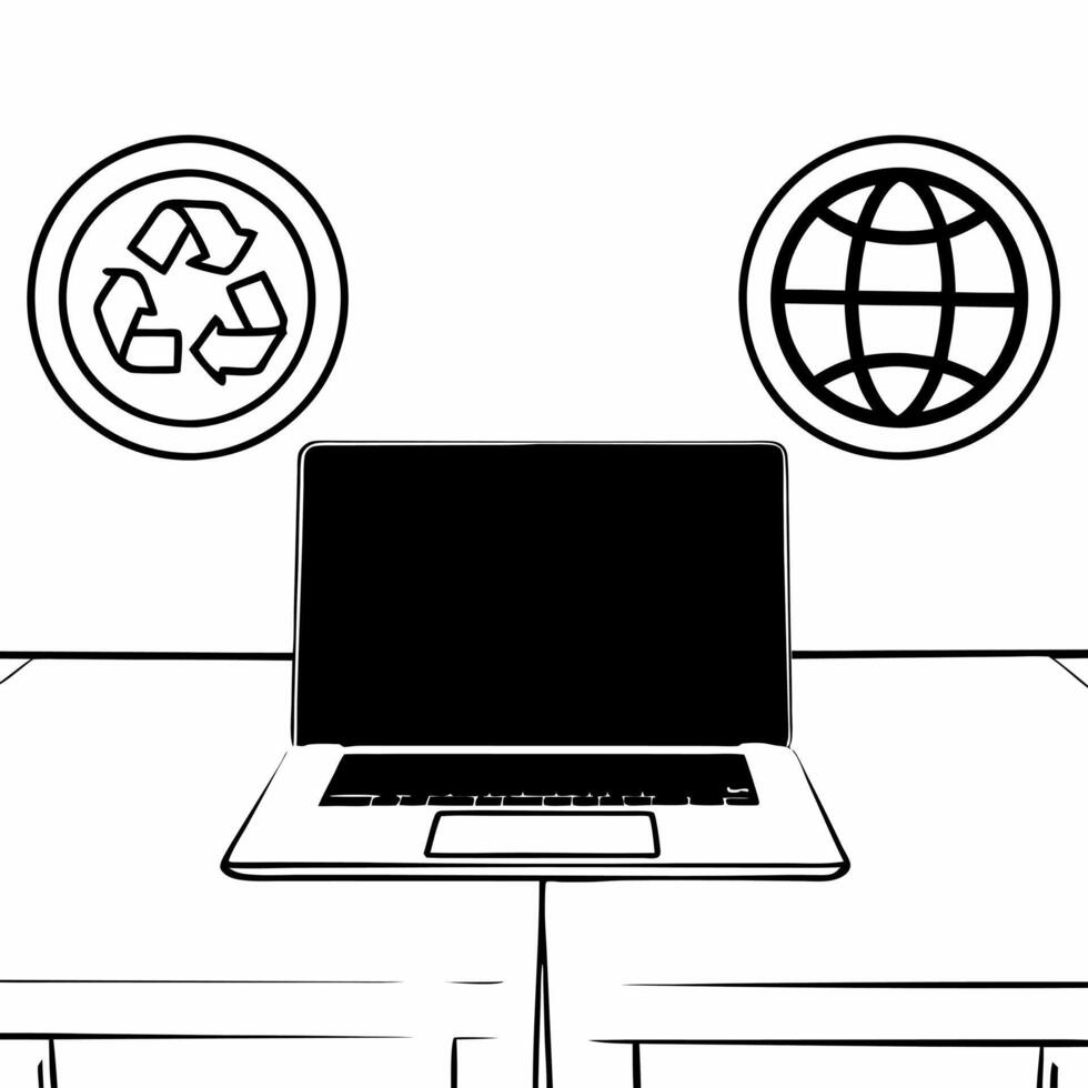 Laptop with Holographic Recycling Symbol and Globe concept as A laptop is open on a glossy white desk with two holographic icons hovering above a recycling symbol and a globe symbo Square Square vector