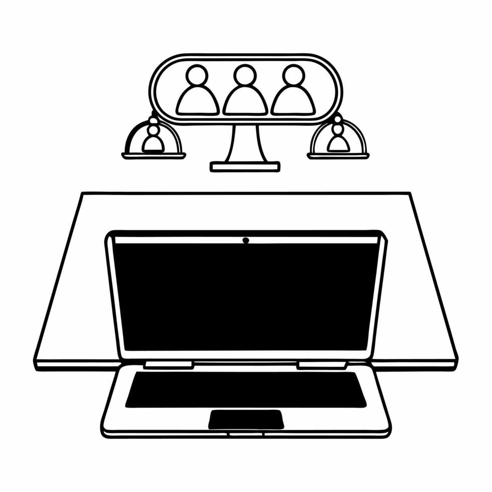 Laptop with Holographic Scale and Community Figures concept as A laptop is open on a glossy white desk with two holographic icons hovering above a balanced scale symbolizing compro Square Square vector