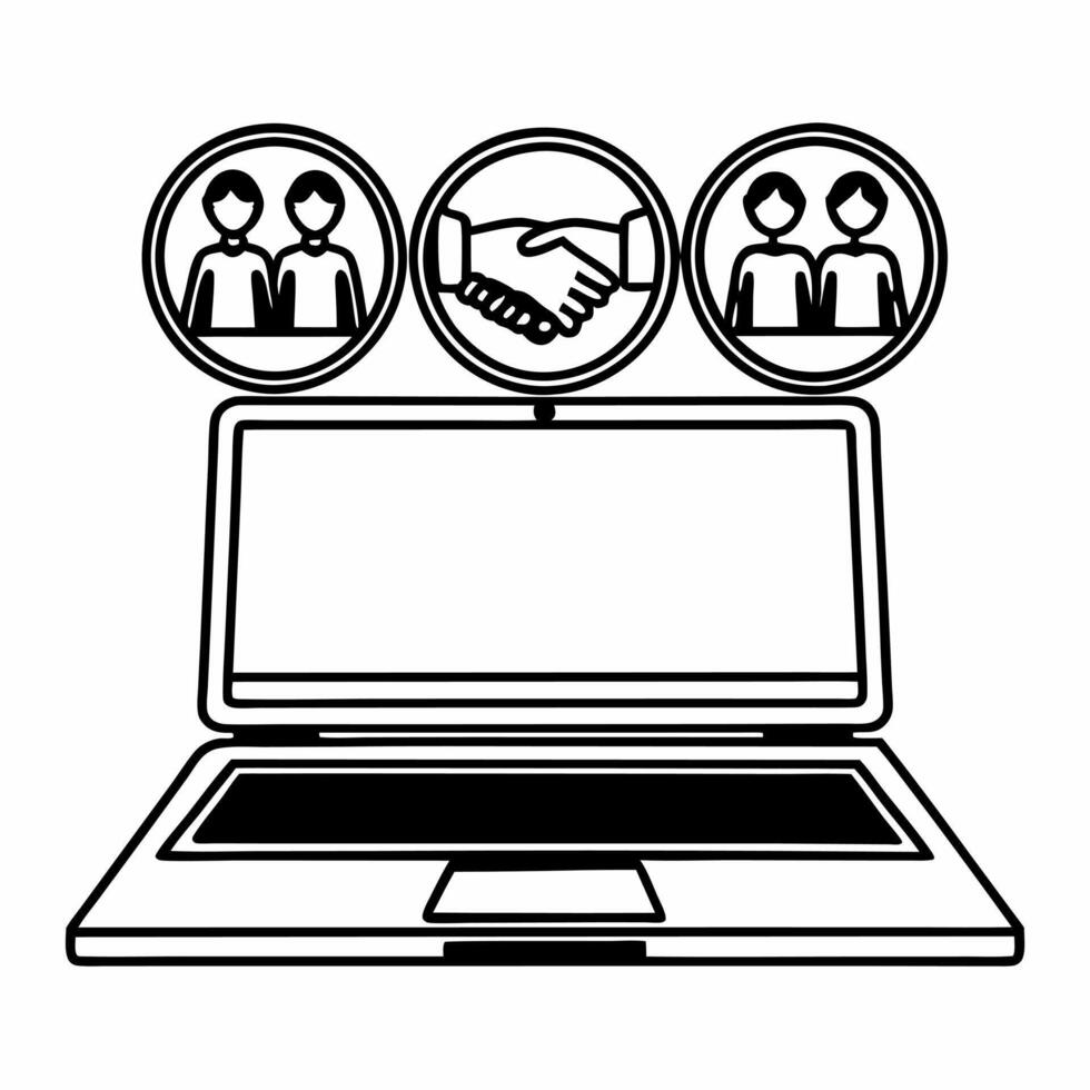 Laptop with Holographic Handshake and Community concept as A laptop is open on a glossy white desk with two holographic icons hovering above a handshake symbolizing compromise and Square Square vector
