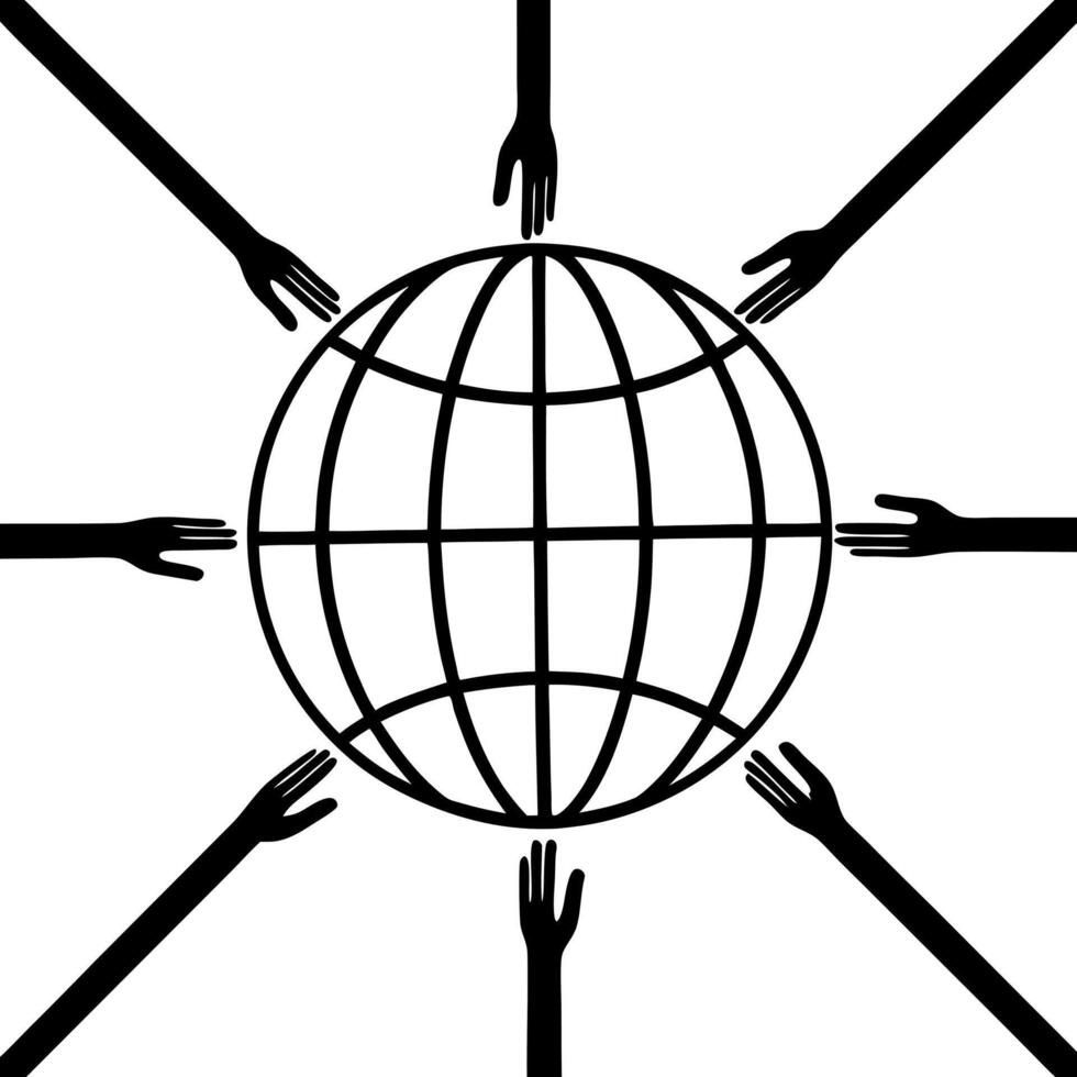 Macro of Hands Uniting over Digital Globe concept as A close up image of multiple hands reaching over a digital globe hologram The camera captures the hands and globe in detail sy Square Square vector