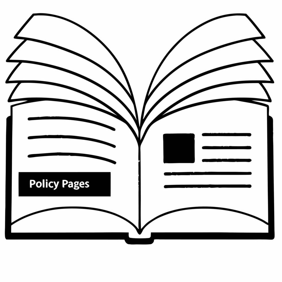 Policy book frame with flying page highlights concept as Medium shot of a frame shaped like an open book with key policy pages flying out and highlighting important points Camera Square Square vector