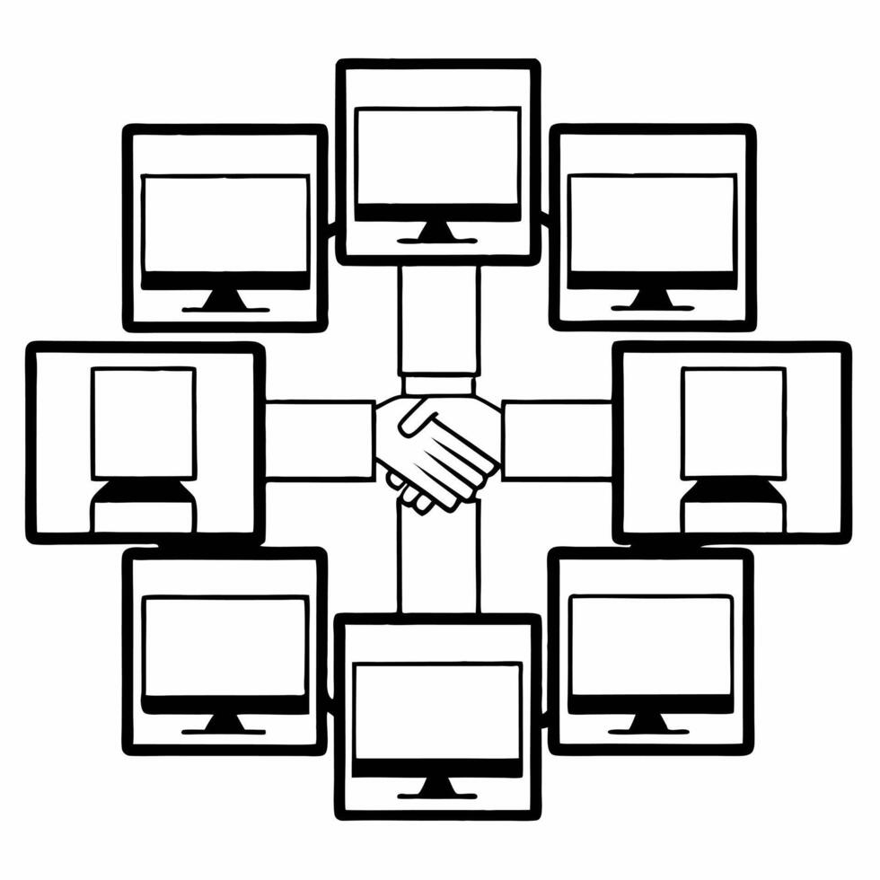 Politician handshaking through screens concept as Medium shot of a politician reaching out to shake hands through multiple floating digital screens Camera pans across the screens Square Square vector