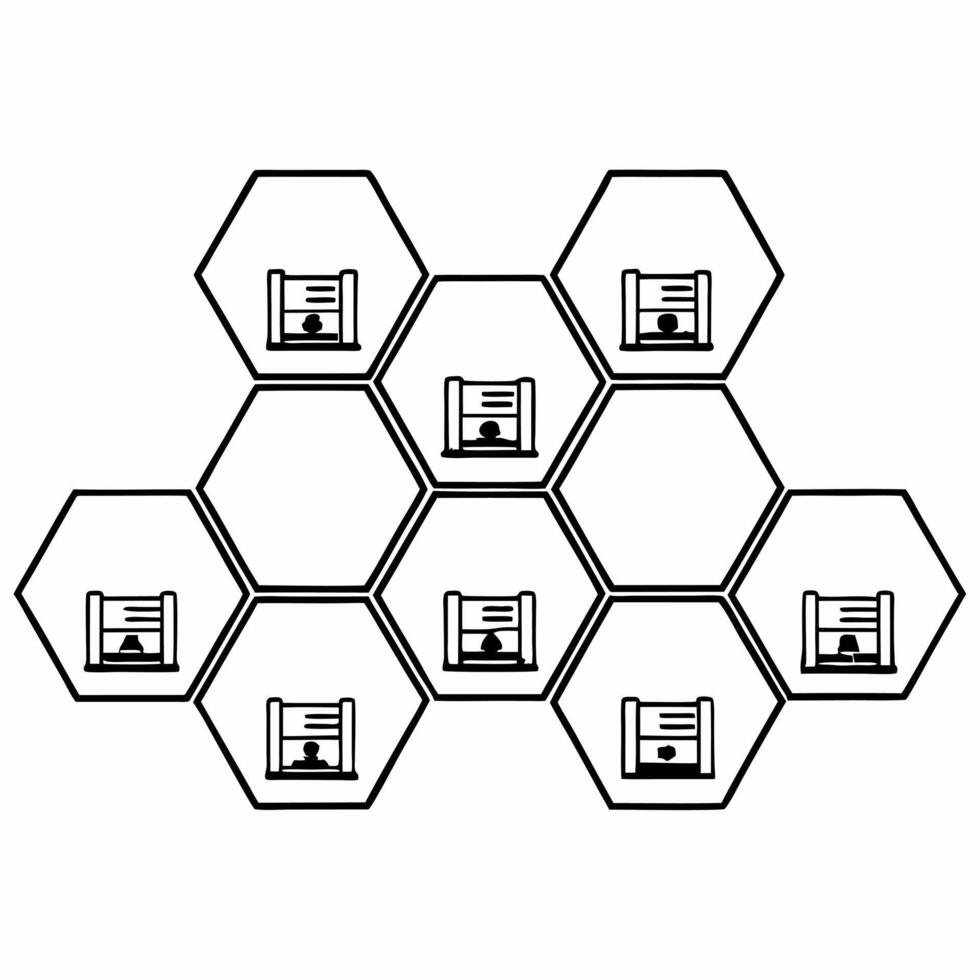 Poll worker beehive tiles concept as Cartoon style hexagonal tiles forming a beehive pattern with poll worker icons Camera moves across the hive showcasing busy election activitie Square Square vector