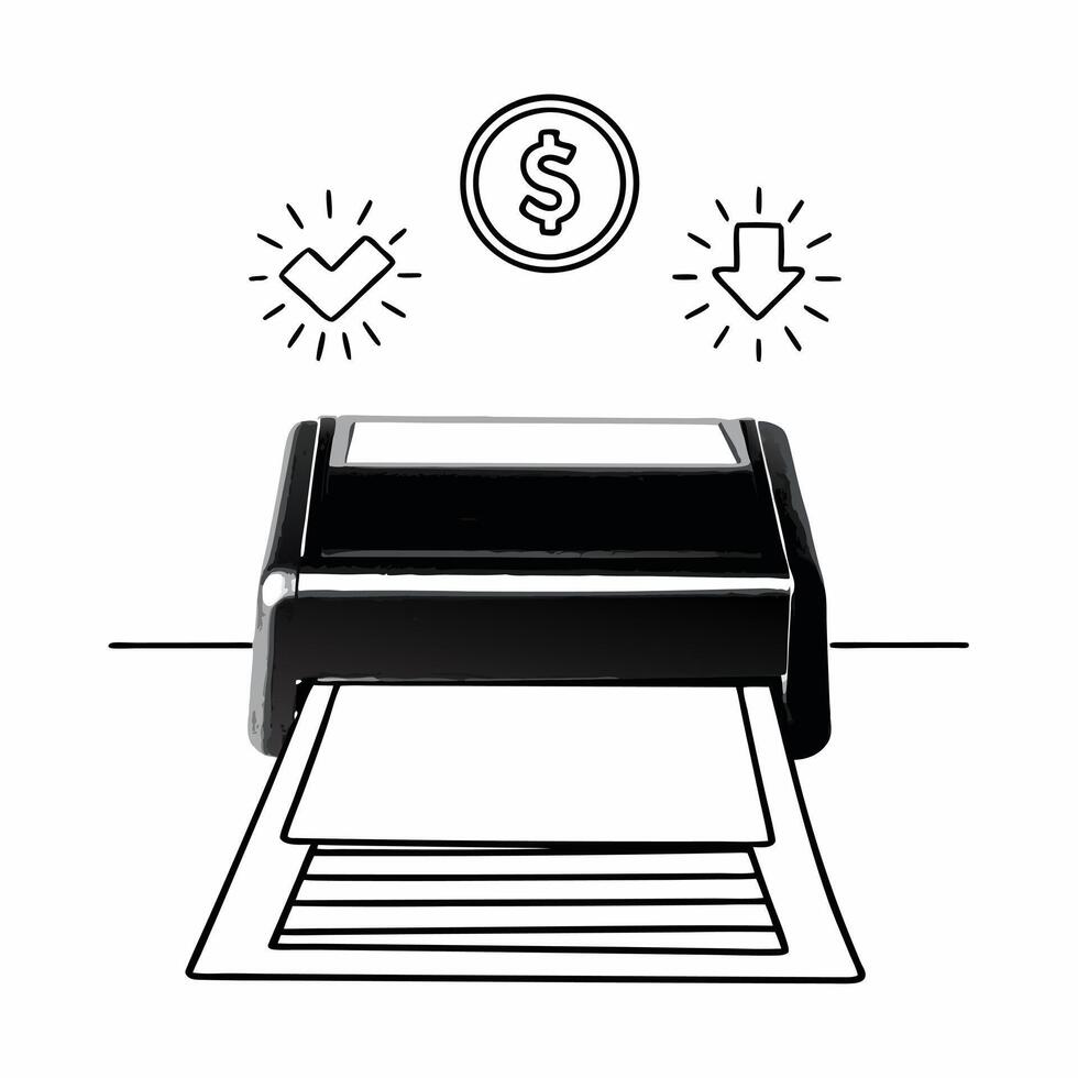 Receipt printer with holographic symbols concept as A receipt printer on a glossy white desk emits a receipt with two holographic icons hovering above a glowing dollar sign and a c Square Square vector