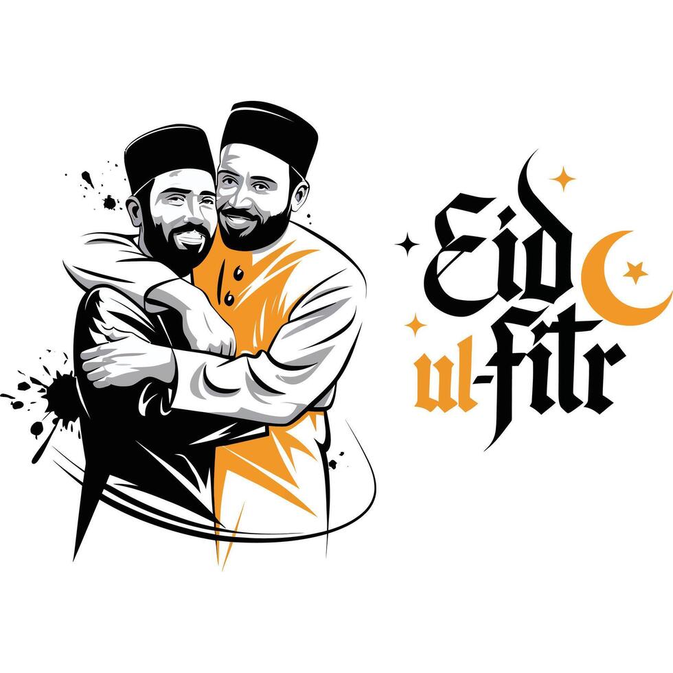 Two men hugging in front of the words eid ul fitr vector