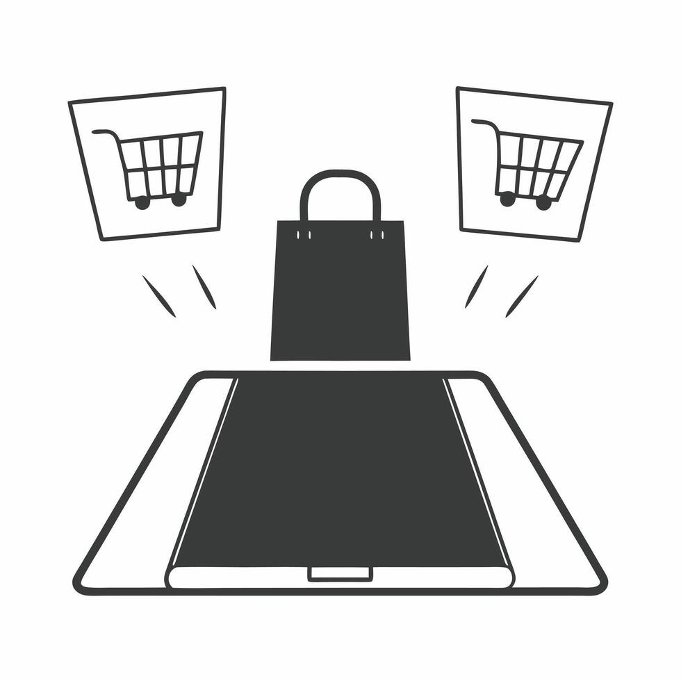 Shopping bag with holographic purchase signs concept as A shopping bag sits in the center of a glossy white floor with two floating holographic signs above a shopping cart and a bu Square Square vector