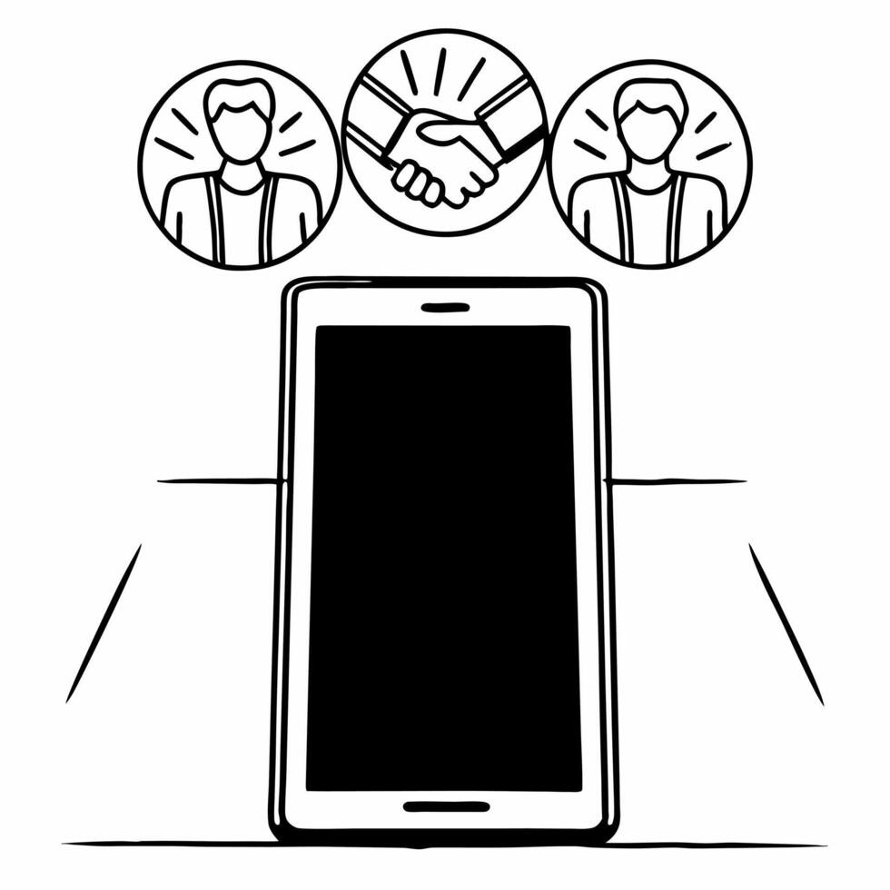 Smartphone with Holographic Handshake and Community Figures concept as A smartphone stands upright on a glossy white surface with two holographic icons hovering above a handshake s Square Square vector
