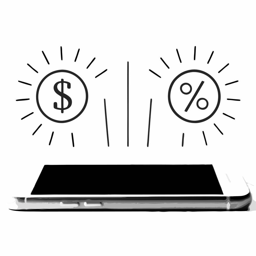 Smartphone with holographic price tags concept as A modern smartphone rests on a reflective white surface with two holographic icons hovering a glowing dollar sign and a percentage Square Square vector