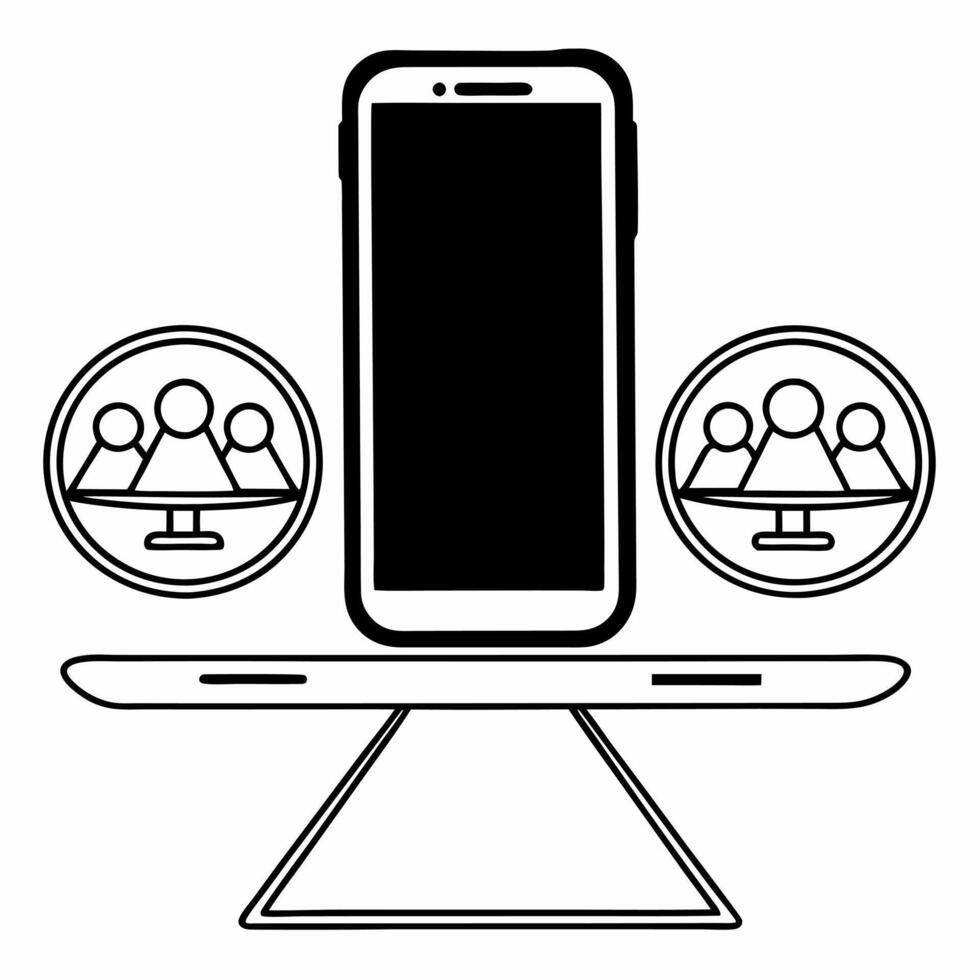 Smartphone with Holographic Scale and Community concept as A smartphone stands upright on a glossy white surface with two holographic icons hovering above a balanced scale symboliz Square Square vector