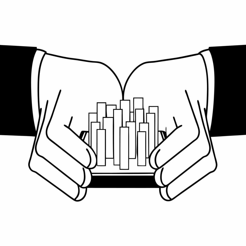 Soft focus hands molding sustainable city concept as Extreme close up of hands molding a glowing miniature sustainable city Camera slowly pulls back to reveal business attire then Square Square vector