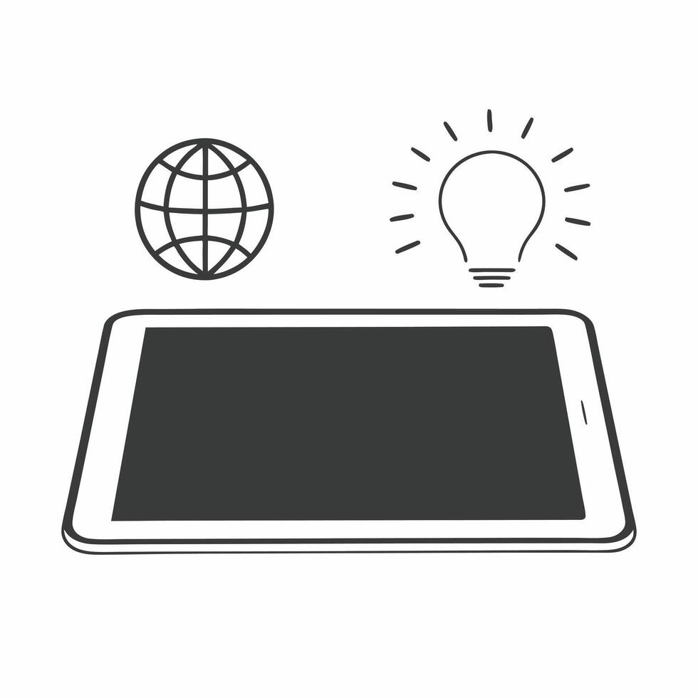 Tablet with Holographic Earth and Lightbulb concept as A tablet rests on a glossy white table with two holographic icons floating above an Earth and a lightbulb representing global Square Square vector