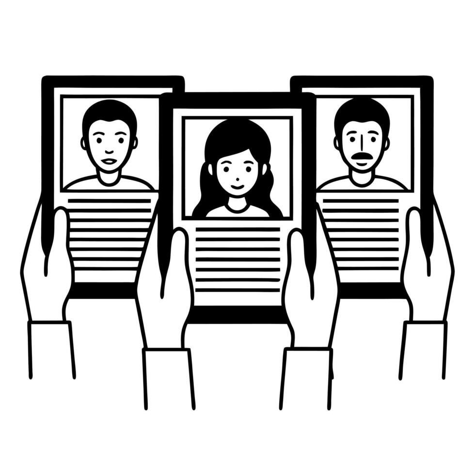 Voters scrutinizing candidate fact checks concept as Wide shot of voters intently reading candidate fact checks on their devices Camera moves between different voters showing vari Square Square vector