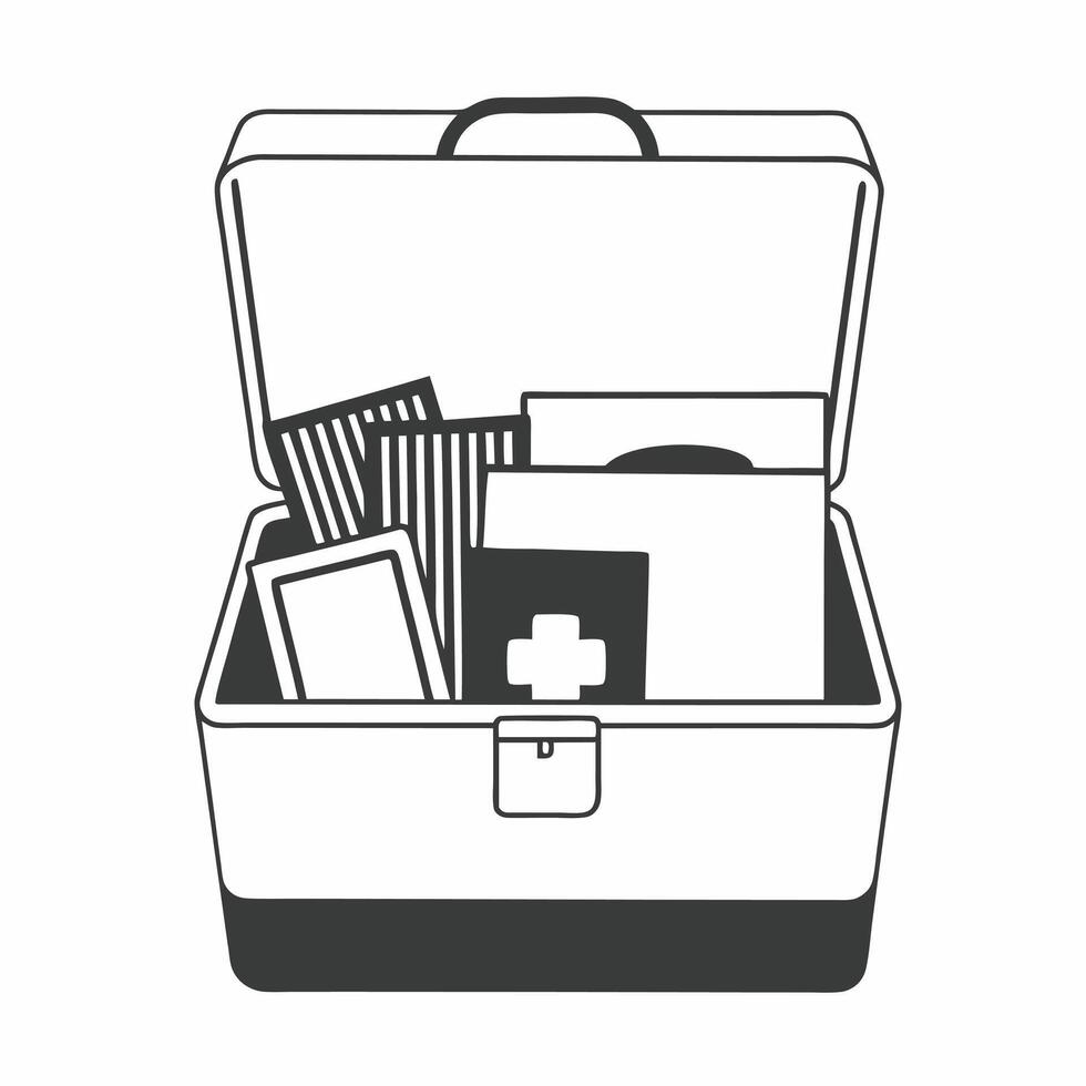 White mental health first aid kit concept as Illustration of a white first aid kit filled with mental health tools and resources Camera opens the kit revealing its contents Isola Square Square vector