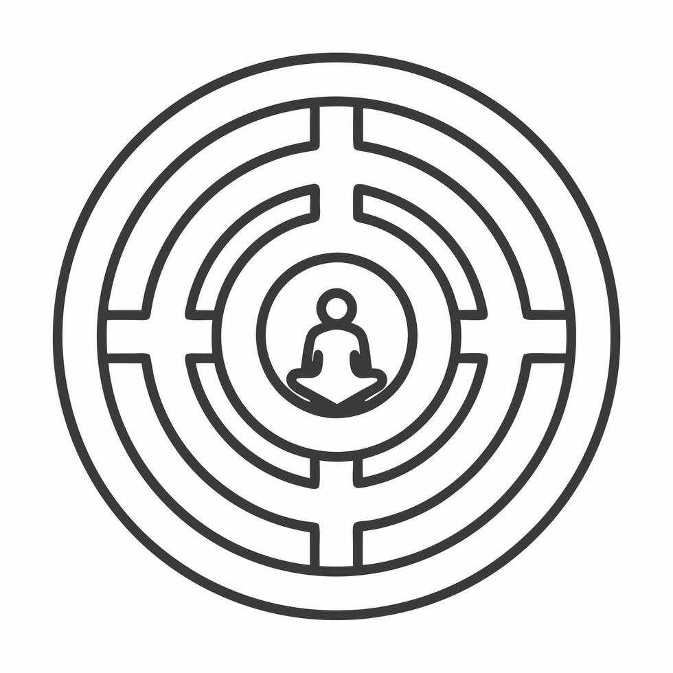 White mindfulness labyrinth concept as Illustration of a white labyrinth with a meditating figure at the center Camera navigates through the labyrinth representing the journey to Square Square vector