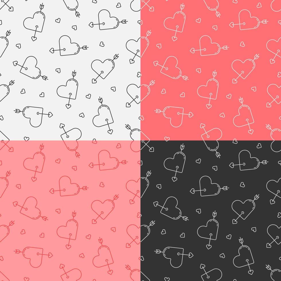 set of seamless patterns with Arrow pierced heart. Valentines day sivol, heart pierced by an arrow. Ornament for decoration and printing on fabric. Design element. vector