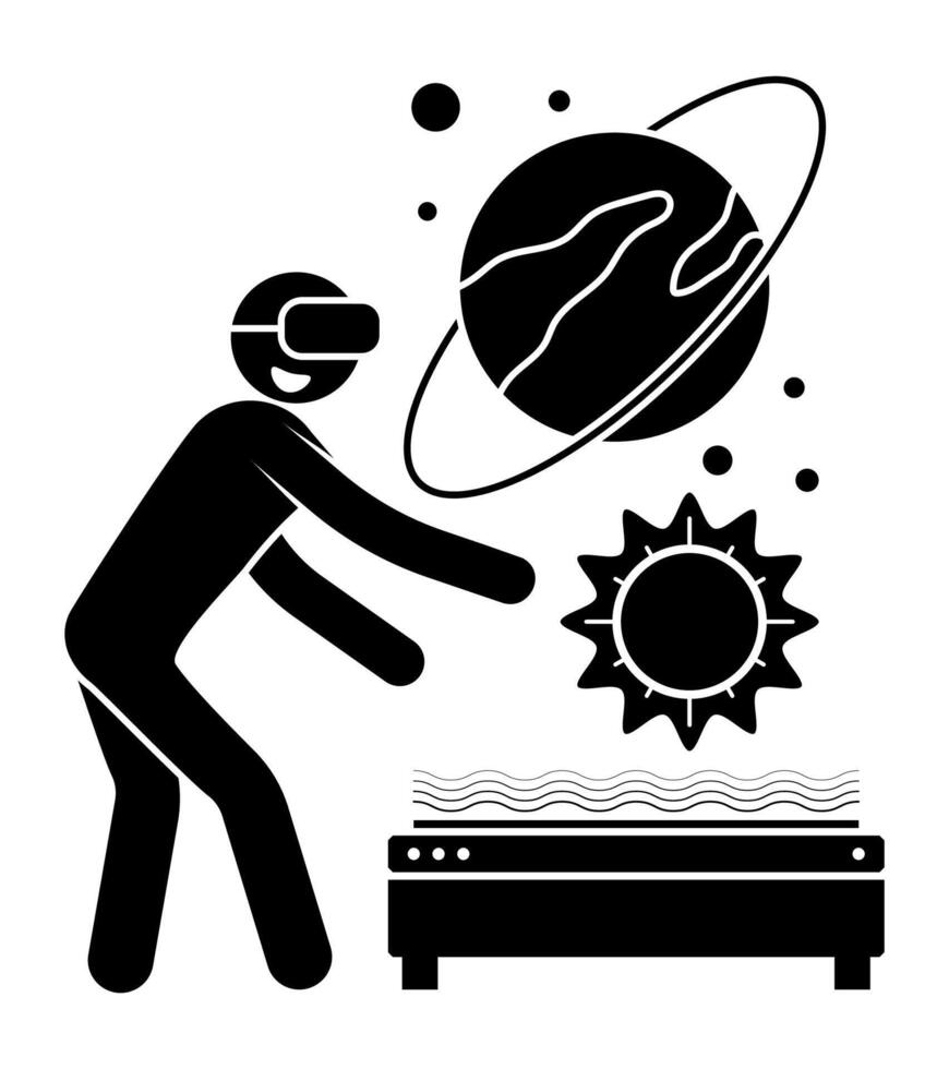 stick man figure, student, scientist in virtual reality glasses looks at solar system. High technologies in modern education. Simple black and white isolated on white background vector