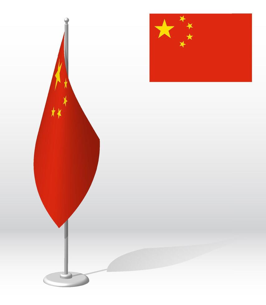 Republic of China flag on flagpole for registration of solemn event, meeting foreign guests. National independence day of China. Realistic 3D on white vector