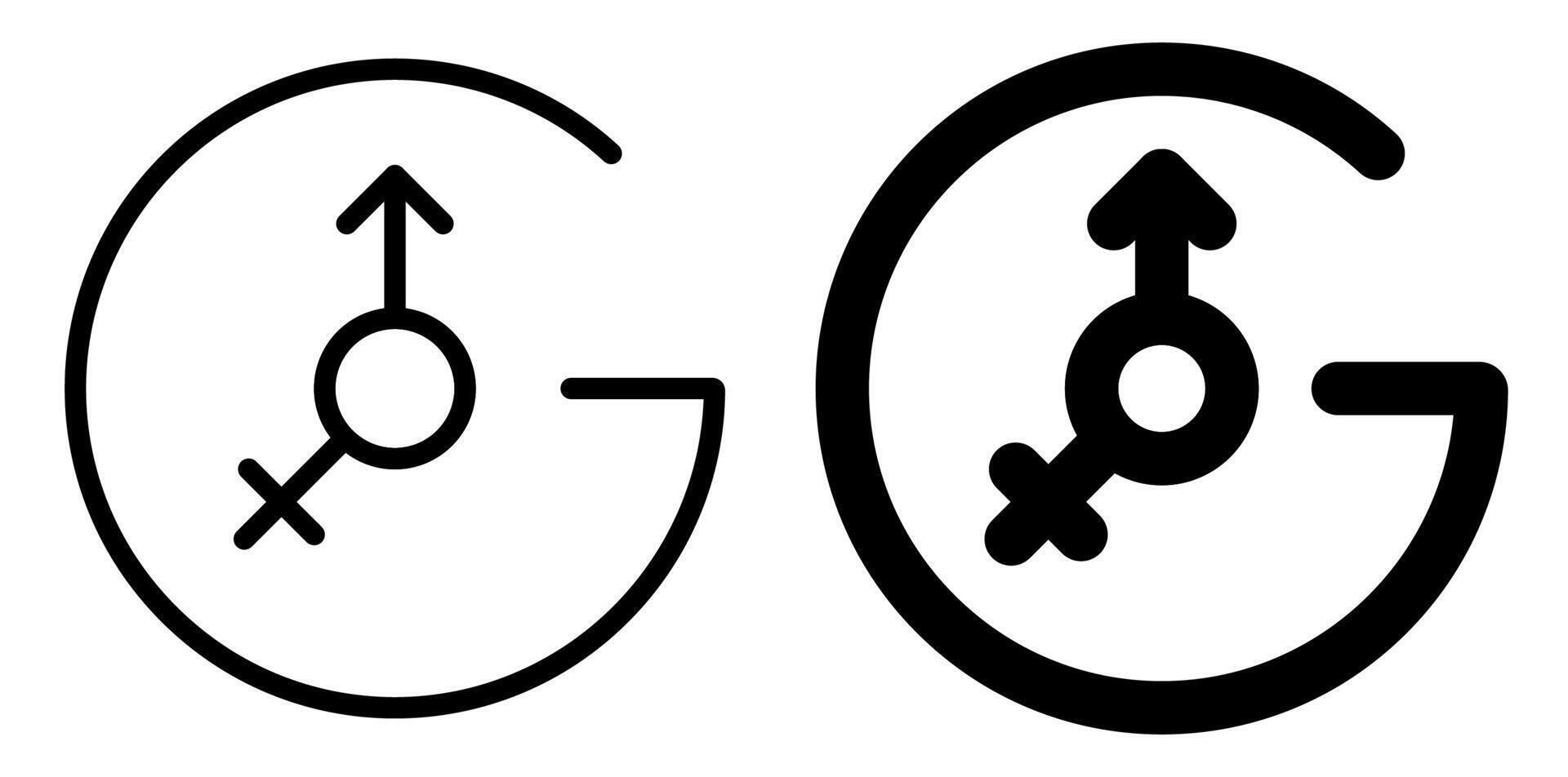 Letter G in shape of clock with Male and female gender symbols connected together. Time for strong union of man and woman. Simple black and white image isolated on white back vector
