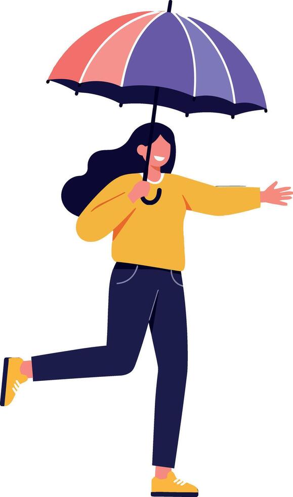 Woman running with umbrella in colorful flat art vector