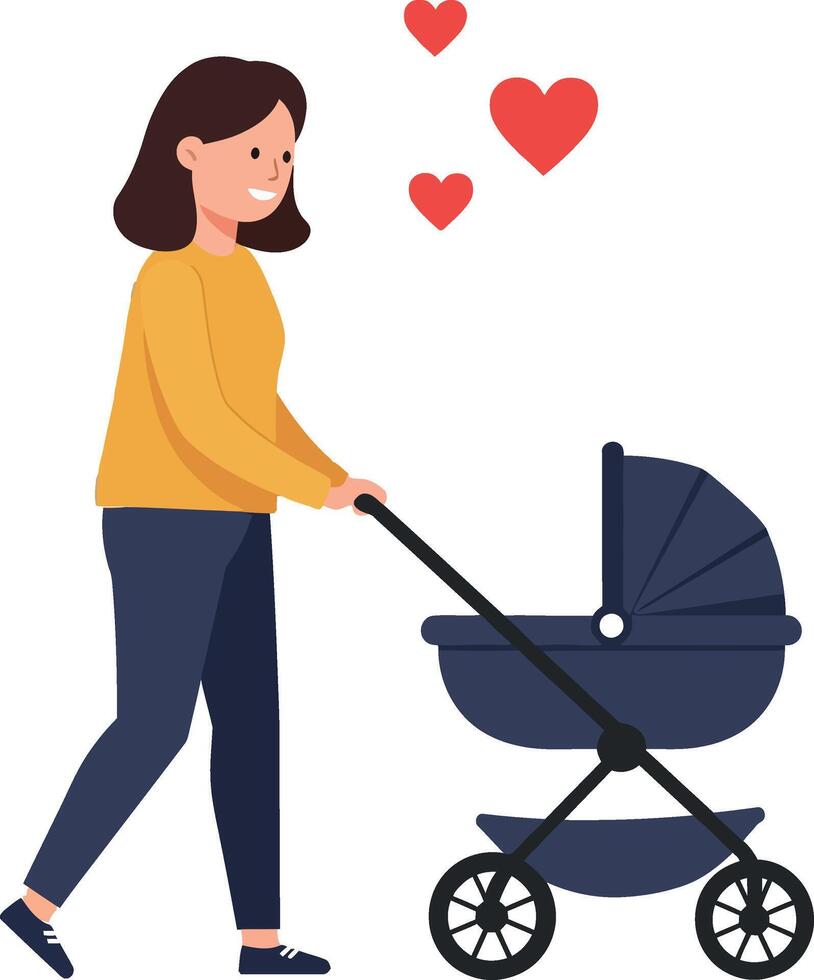 Woman walking with a stroller in a flat illustration vector