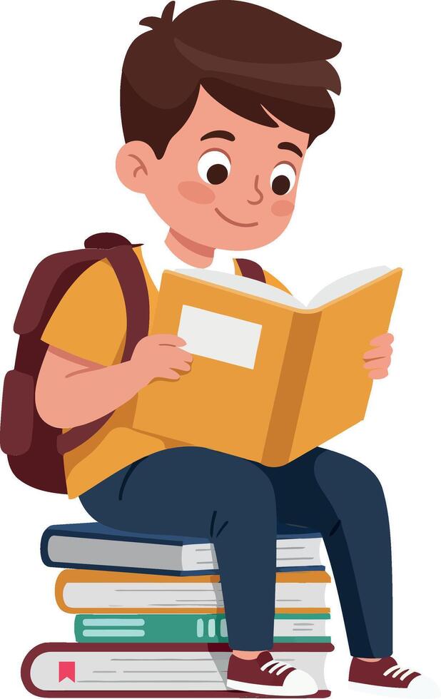 Child reading book while sitting on stack of colorful books illustration vector