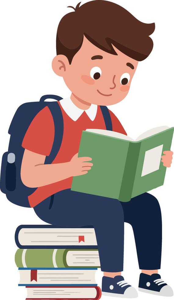Young boy reading a book while sitting on stacked books illustration vector